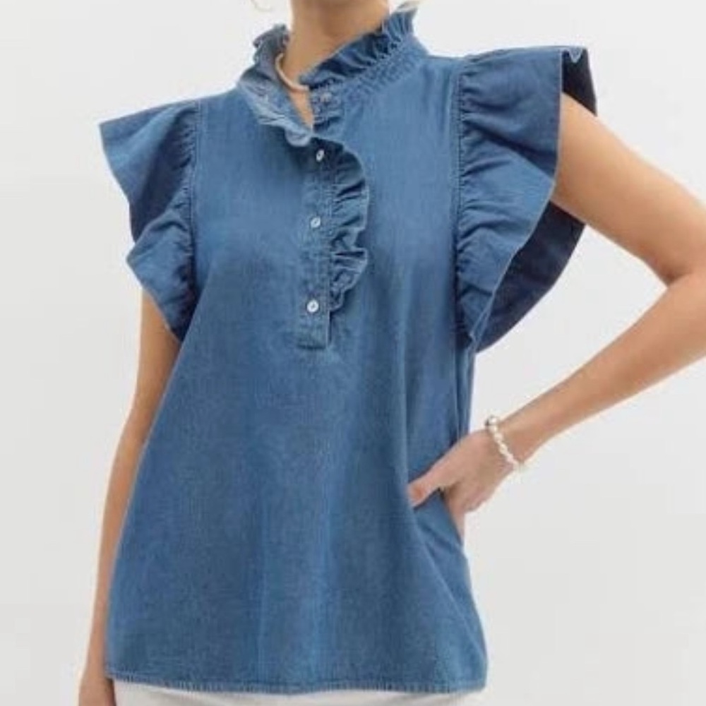 Women's Blue Ruffle Denim Top